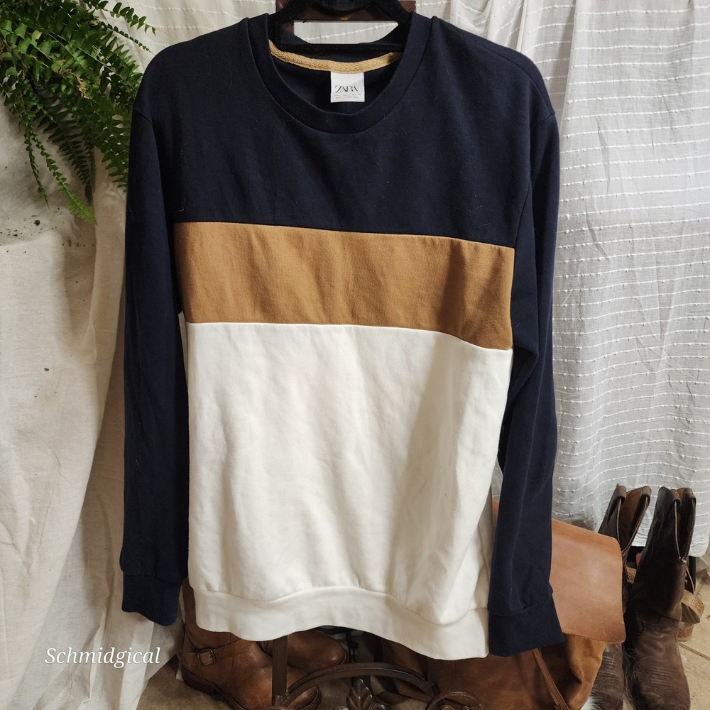 Zara Man Colorblock Sweatshirt Navy Blue Tan White Crewneck Large L Streetwear